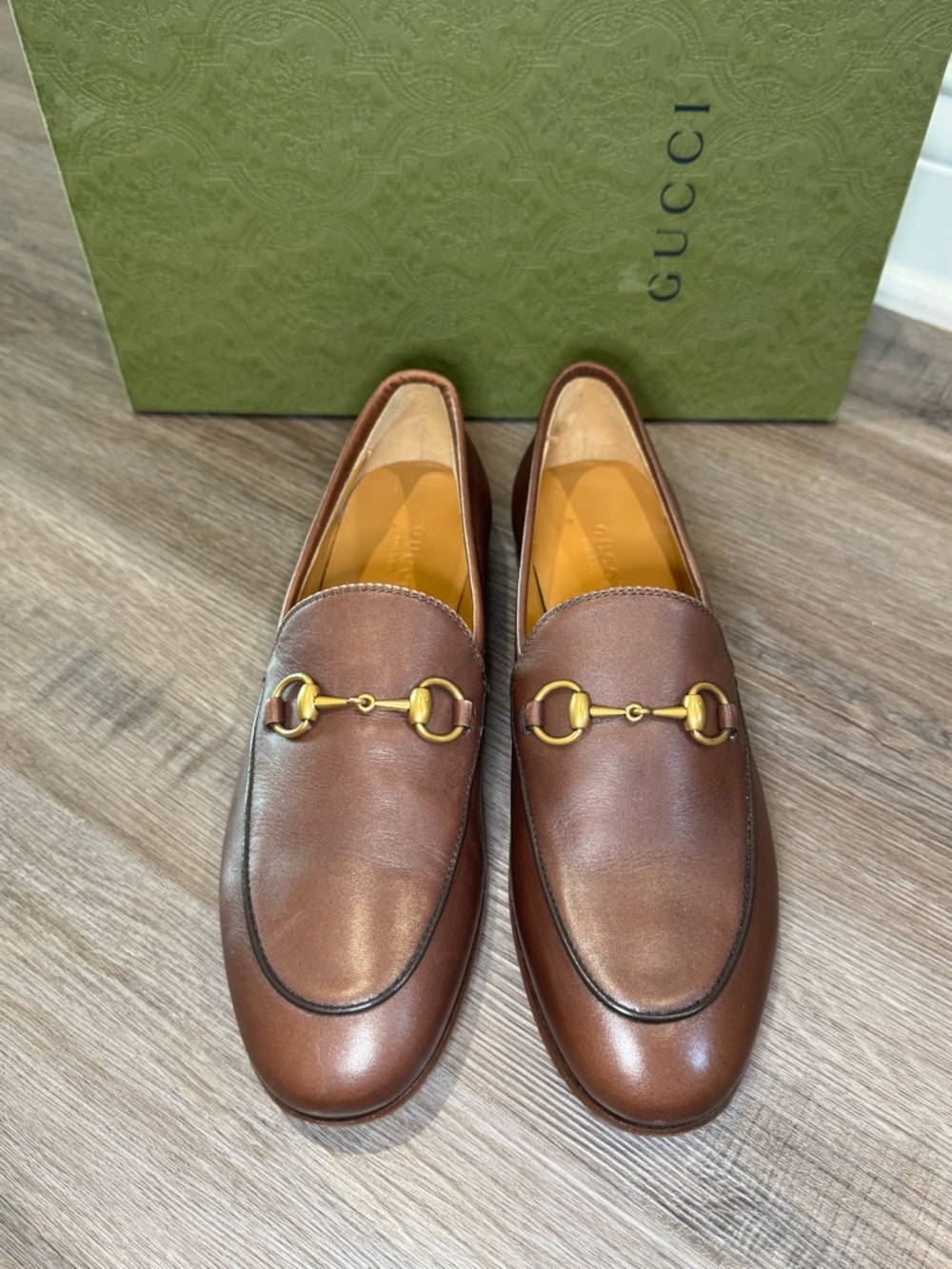 Gucci Jordaan Horsebit Leather Loafers in Brown